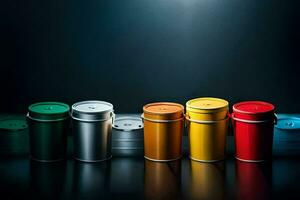 a row of colorful cans on a dark background. AI-Generated photo