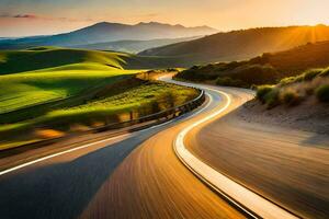 a winding road in the countryside at sunset. AI-Generated photo