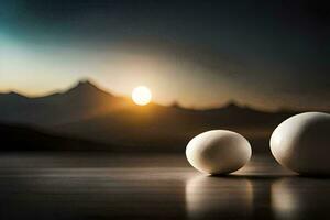 two white balls sit on a table in front of a mountain. AI-Generated photo