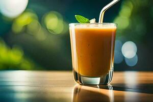 a glass of orange juice with a straw. AI-Generated photo