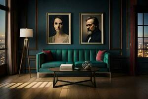 a living room with two framed portraits on the wall. AI-Generated photo