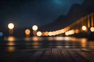 a wooden boardwalk with lights on it at night. AI-Generated photo