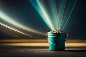 a bucket filled with nuts on a dark floor. AI-Generated photo