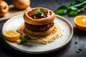 a plate with spaghetti and meatballs on it. AI-Generated photo