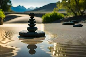 a stack of rocks in the water with mountains in the background. AI-Generated photo