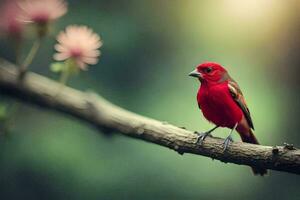 a red bird sits on a branch with pink flowers. AI-Generated photo