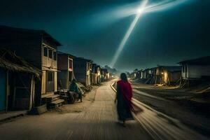 a woman walks down a dirt road at night with a light shining above her. AI-Generated photo