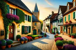 un calle en un europeo pueblo con flores y en conserva plantas. generado por ai foto