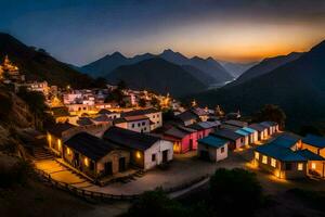 the village of karakoram in the mountains at dusk. AI-Generated photo