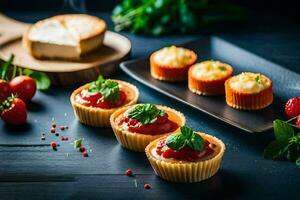 pequeño magdalenas con queso y Tomates en un negro lámina. generado por ai foto