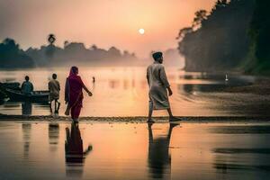 dos personas caminando a lo largo el apuntalar de un río a puesta de sol. generado por ai foto