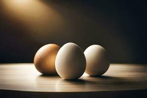 three eggs on a table. AI-Generated photo