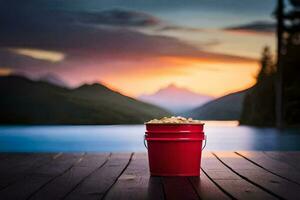 un Cubeta de palomitas de maiz en un de madera cubierta con vista a un lago. generado por ai foto