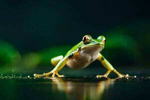 a frog is standing on the ground with its legs spread. AI-Generated photo