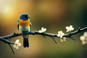 a blue and orange bird sits on a branch with white flowers. AI-Generated photo
