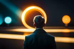 un hombre en pie en frente de un circulo de luces. generado por ai foto