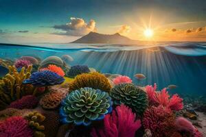 the sun rises over the ocean and a coral reef. AI-Generated photo