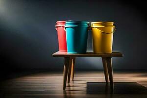 three colorful buckets sitting on a wooden table. AI-Generated photo