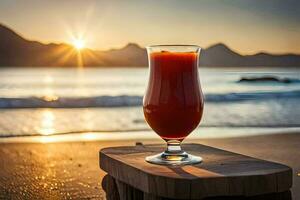 a glass of orange juice on a wooden table in front of the ocean. AI-Generated photo