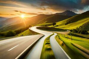 a winding road in the mountains with the sun setting. AI-Generated photo