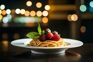 un plato de espaguetis con fresas y albahaca en un mesa. generado por ai foto