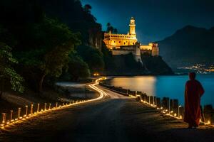 a man in a red robe walks along a road with lights on it. AI-Generated photo