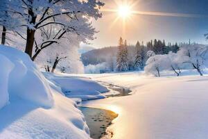 un Nevado río en el invierno. generado por ai foto