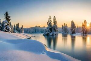 photo wallpaper the sky, snow, trees, lake, the sun, winter, the forest,. AI-Generated