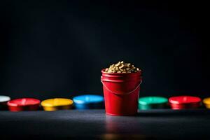 a red bucket filled with peanuts on a black background. AI-Generated photo