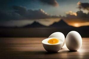 three hard boiled eggs on a table with a sunset in the background. AI-Generated photo