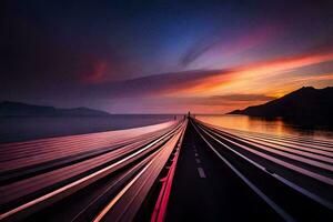 a long exposure photograph of a train track on the ocean. AI-Generated photo