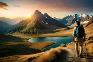 a man with backpack and trekking poles stands on a mountain top overlooking a lake and mountains. AI-Generated photo