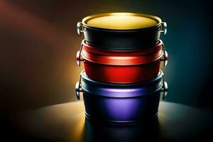 three different colored buckets on a dark background. AI-Generated photo