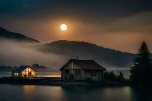 photo wallpaper the moon, lake, fog, house, the moon, lake, fog, the. AI-Generated