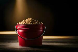 un rojo Cubeta lleno con marrón azúcar en un de madera mesa. generado por ai foto