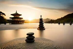 un pagoda en el agua con rocas y agua. generado por ai foto