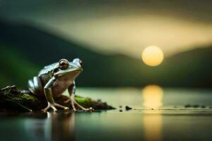 a frog sits on the edge of a lake at sunset. AI-Generated photo