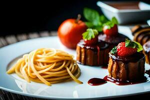 un plato con pasta, fresas y chocolate salsa. generado por ai foto