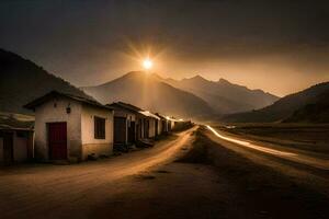 un la carretera líder a un pueblo en el montañas. generado por ai foto