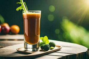 un vaso de jugo con un verde hoja en cima. generado por ai foto