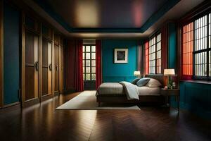 a bedroom with blue walls and wood floors. AI-Generated photo