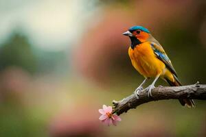 un vistoso pájaro se sienta en un rama con un rosado flor. generado por ai foto