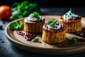 three mini cakes with cream and berries on a wooden plate. AI-Generated photo