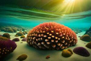 an underwater scene with an anemone and starfish. AI-Generated photo