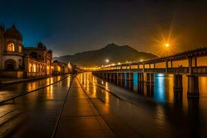 a long bridge over water at night with mountains in the background. AI-Generated photo