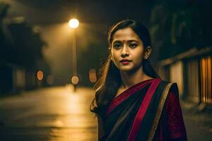 un joven mujer en un sari en pie en el oscuro. generado por ai foto