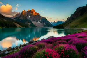 the lake and flowers are beautiful in the morning. AI-Generated photo