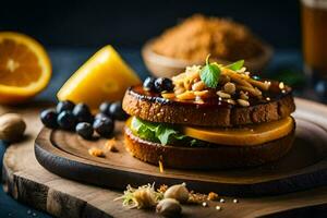 a sandwich with cheese, nuts and blueberries. AI-Generated photo