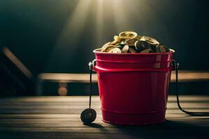 a red bucket filled with coins on a wooden table. AI-Generated photo