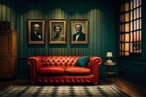 a red leather couch sits in front of a painting of two men. AI-Generated photo